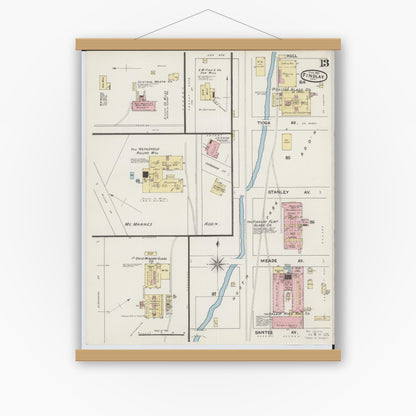 Old map wall art mockup — magnetic wood frame on white wall — Sanborn Fire Insurance Map from Findlay, Hancock County, Ohio (1890), Sheet #0013