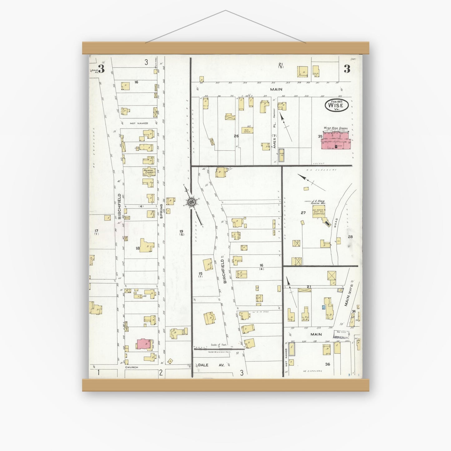 Old map wall art mockup — magnetic wood frame on white wall — Sanborn Fire Insurance Map from Wise, Wise County, Virginia (1923), Sheet #0003