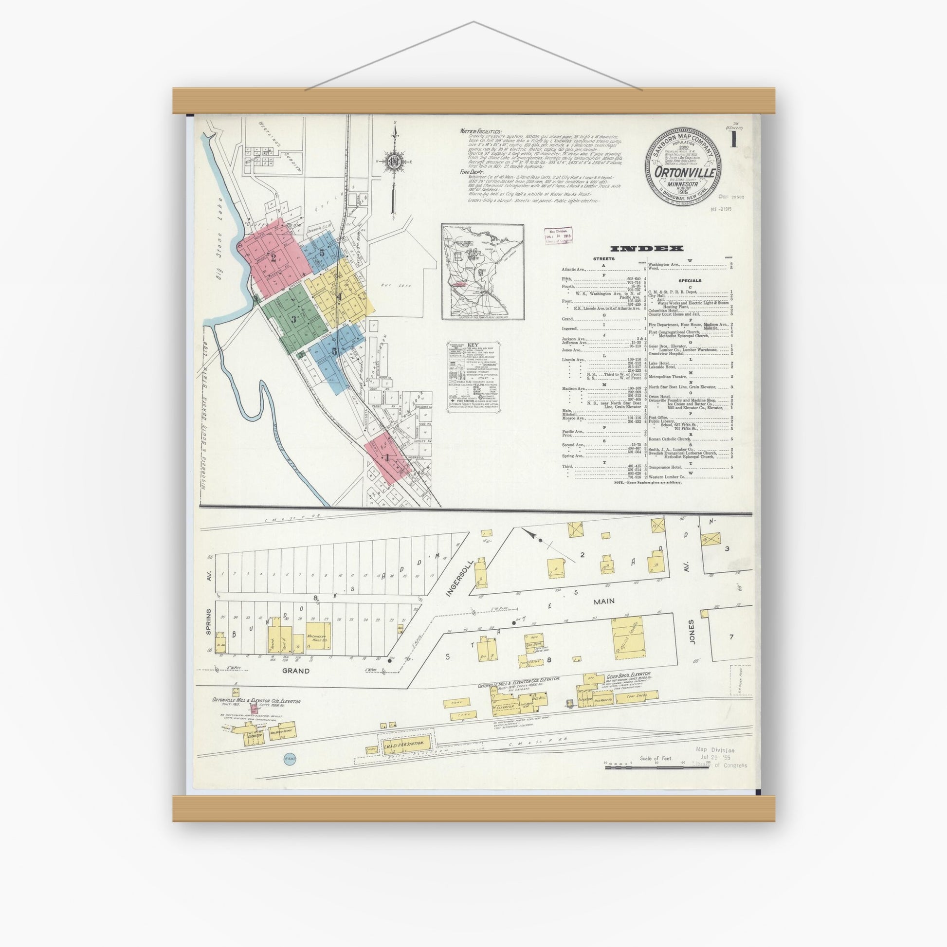 Old map wall art mockup — magnetic wood frame on white wall — Sanborn Fire Insurance Map from Ortonville, Big Stone County, Minnesota (1915), Sheet #0001