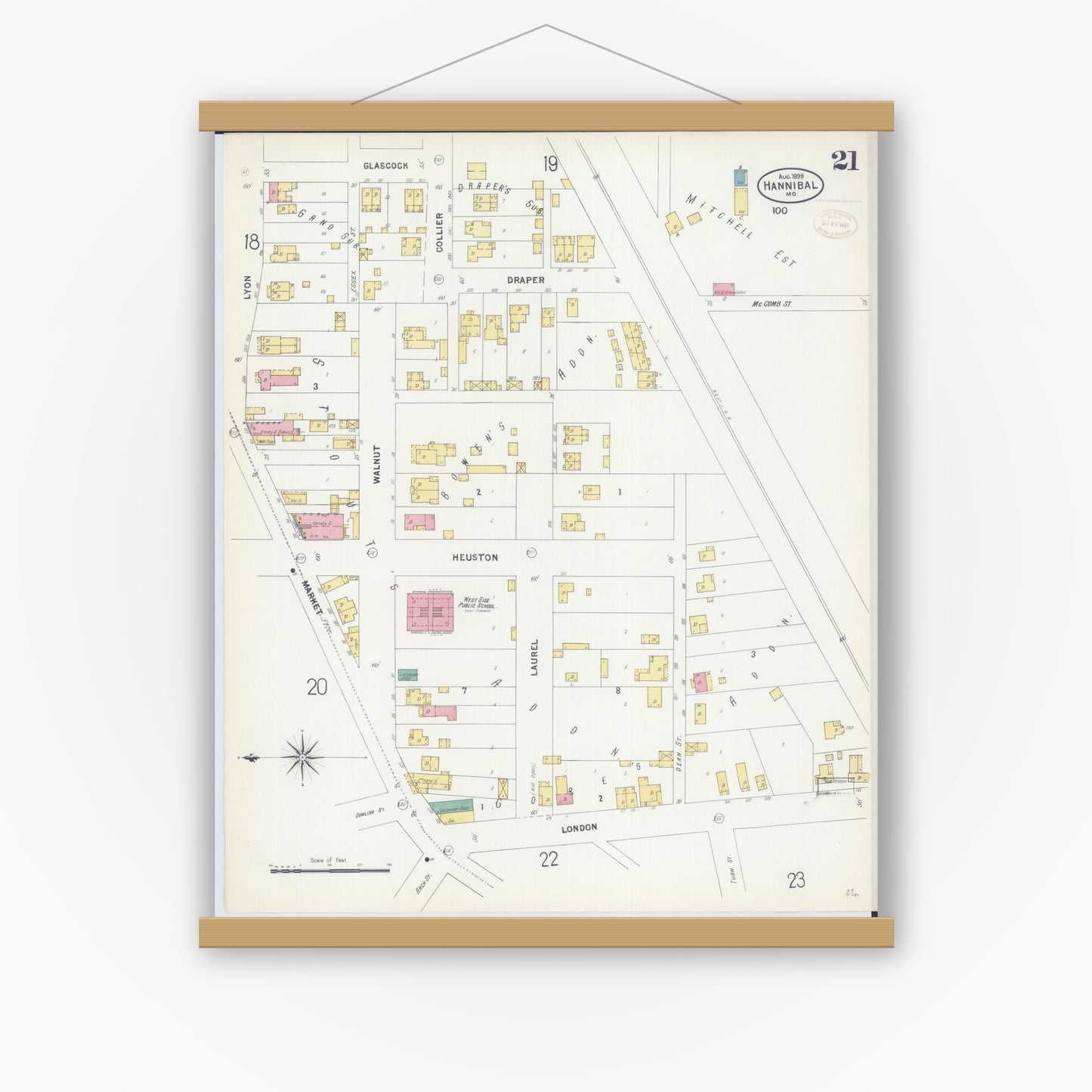 Old map wall art mockup — magnetic wood frame on white wall — Sanborn Fire Insurance Map from Hannibal, Marion County, Missouri (1899), Sheet #0021
