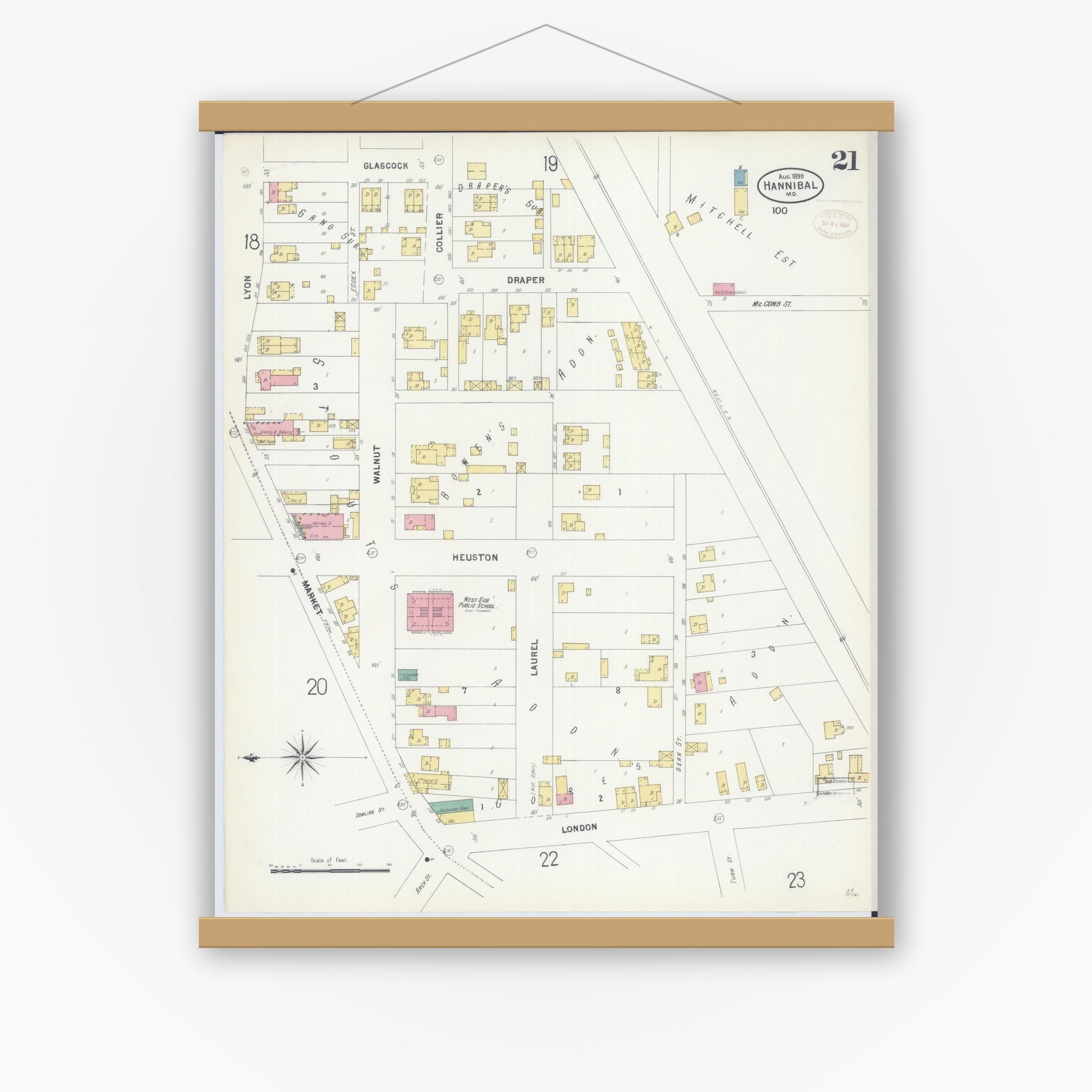 Old map wall art mockup — magnetic wood frame on white wall — Sanborn Fire Insurance Map from Hannibal, Marion County, Missouri (1899), Sheet #0021