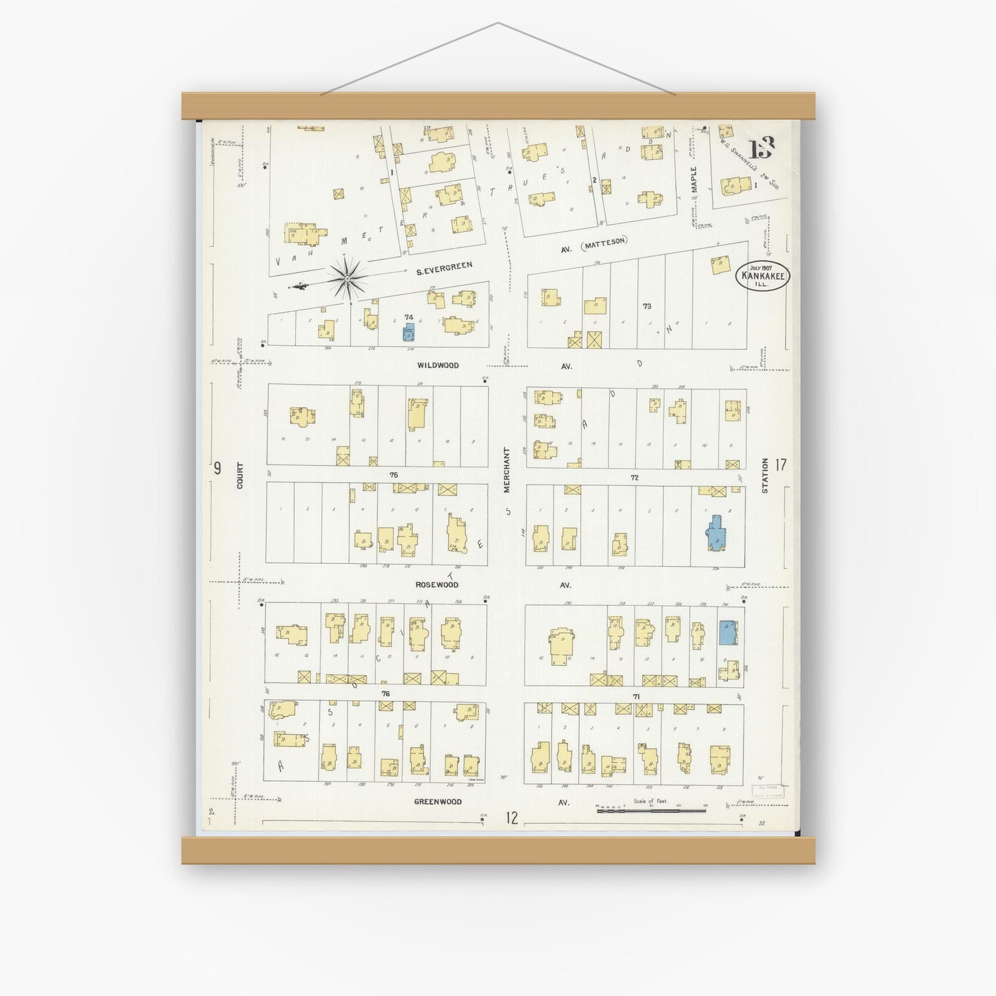 Old map wall art mockup — magnetic wood frame on white wall — Sanborn Fire Insurance Map from Kankakee, Kankakee County, Illinois (1907), Sheet #0013