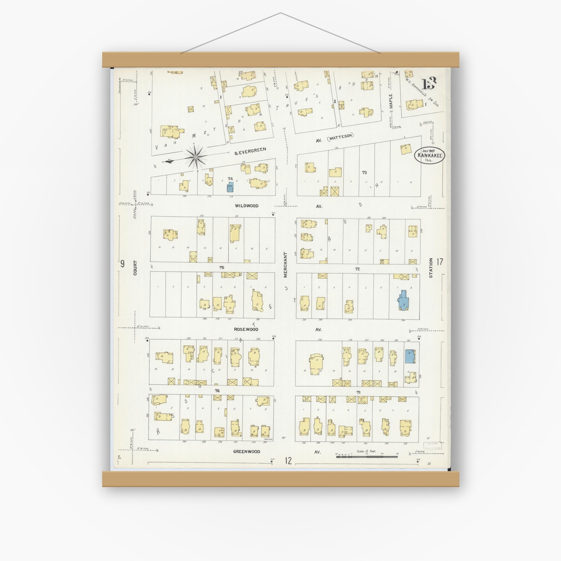 Old map wall art mockup — magnetic wood frame on white wall — Sanborn Fire Insurance Map from Kankakee, Kankakee County, Illinois (1907), Sheet #0013