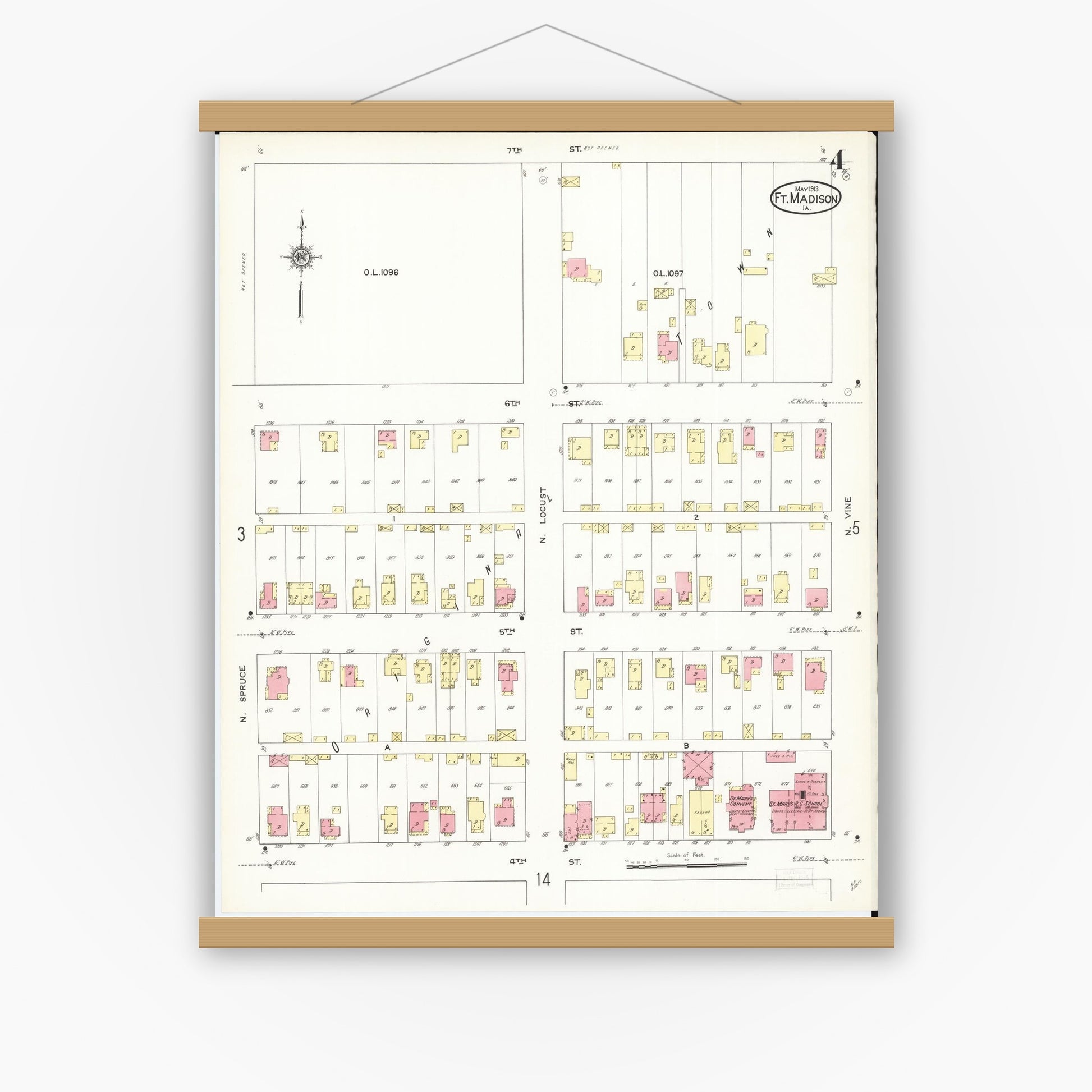 Old map wall art mockup — magnetic wood frame on white wall — Sanborn Fire Insurance Map from Fort Madison, Lee County, Iowa (1913), Sheet #0004