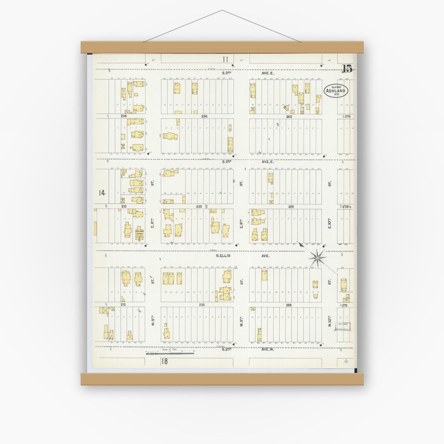 Old map wall art mockup — magnetic wood frame on white wall — Sanborn Fire Insurance Map from Ashland, Ashland County, Wisconsin (1901), Sheet #0015