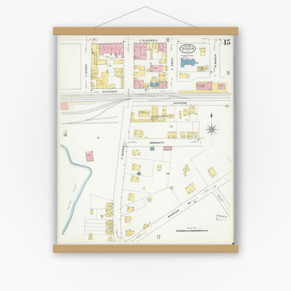 Old map wall art mockup — magnetic wood frame on white wall — Sanborn Fire Insurance Map from Dover, Morris County, New Jersey (1909), Sheet #0015