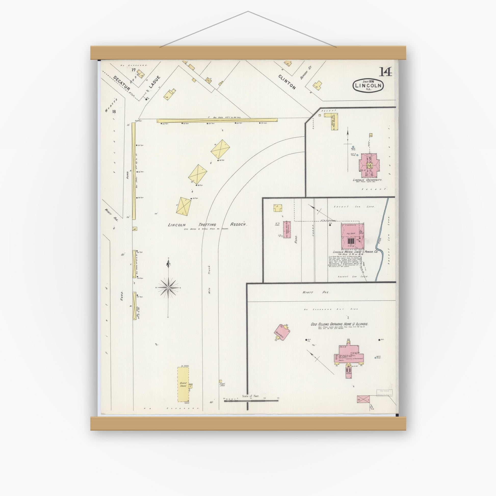 Old map wall art mockup — magnetic wood frame on white wall — Sanborn Fire Insurance Map from Lincoln, Logan County, Illinois (1896), Sheet #0014