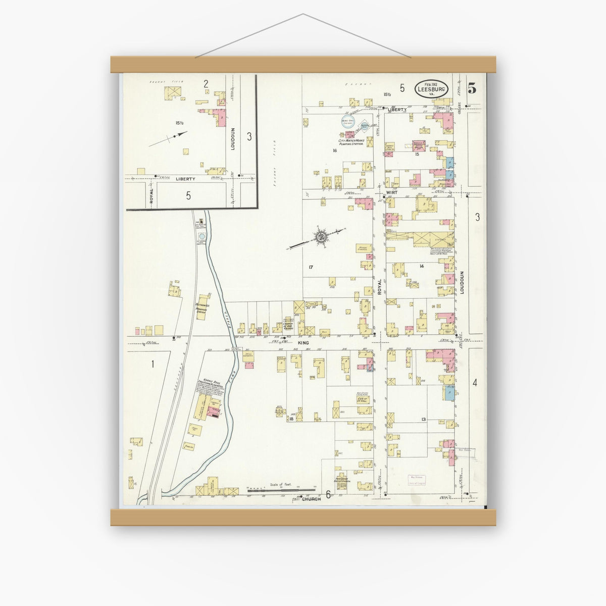 Old map wall art mockup — magnetic wood frame on white wall — Sanborn Fire Insurance Map from Leesburg, Loudoun County, Virginia (1912), Sheet #0005