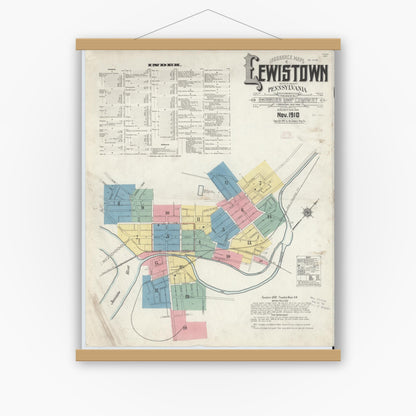 Old map wall art mockup — magnetic wood frame on white wall — Sanborn Fire Insurance Map from Lewistown, Mifflin County, Pennsylvania (1910) - Complete Map Set