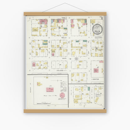 Old map wall art mockup — magnetic wood frame on white wall — Sanborn Fire Insurance Map from Rolla, Phelps County, Missouri (1893) - Complete Map Set