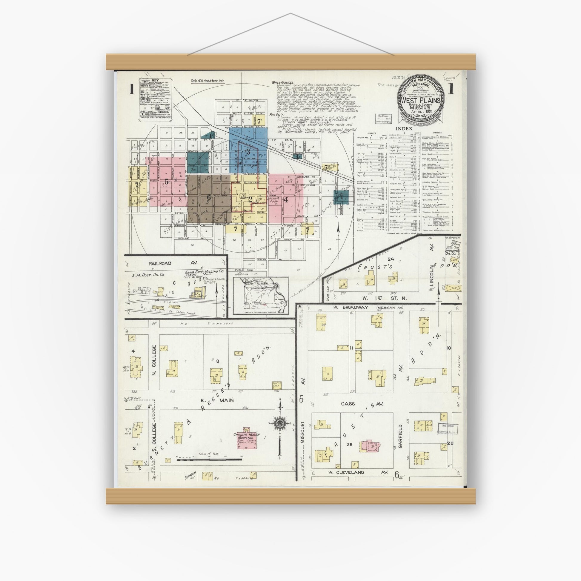 Old map wall art mockup — magnetic wood frame on white wall — Sanborn Fire Insurance Map from West Plains, Howell County, Missouri (1924), Sheet #0001