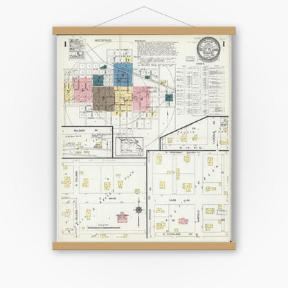 Old map wall art mockup — magnetic wood frame on white wall — Sanborn Fire Insurance Map from West Plains, Howell County, Missouri (1924), Sheet #0001