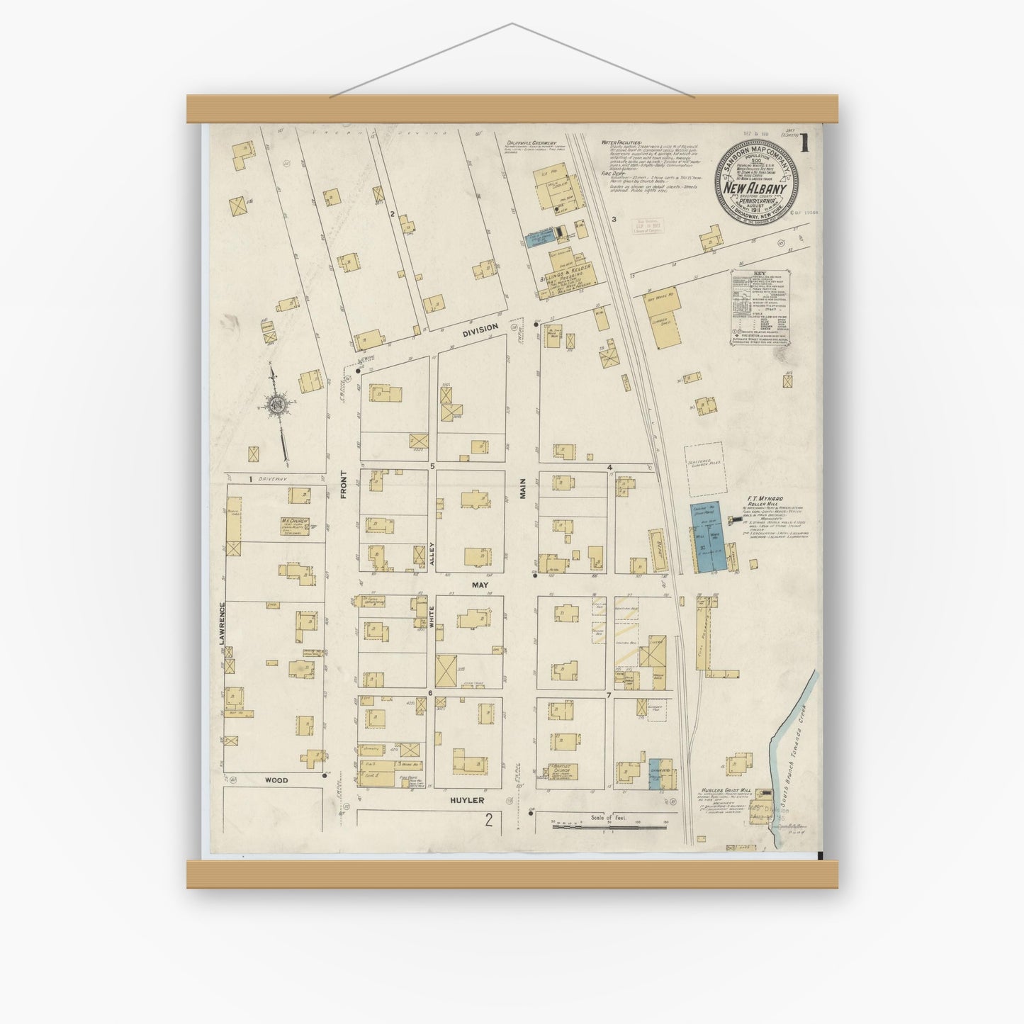 Old map wall art mockup — magnetic wood frame on white wall — Sanborn Fire Insurance Map from New Albany, Bradford County, Pennsylvania (1911), Sheet #0001
