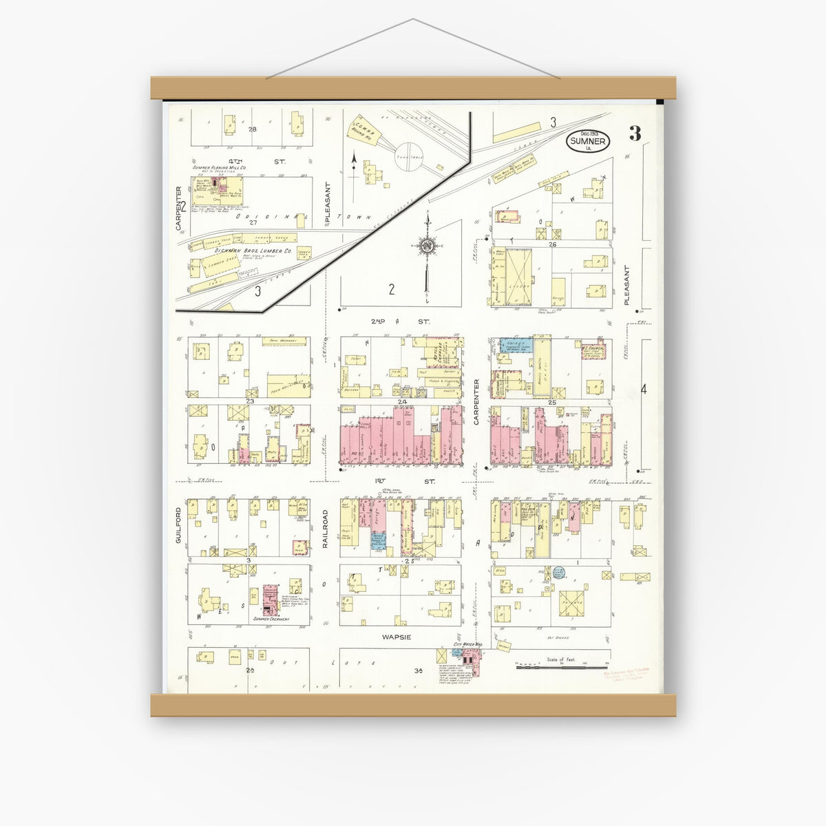 Old map wall art mockup — magnetic wood frame on white wall — Sanborn Fire Insurance Map from Sumner, Bremer County, Iowa (1913), Sheet #0003