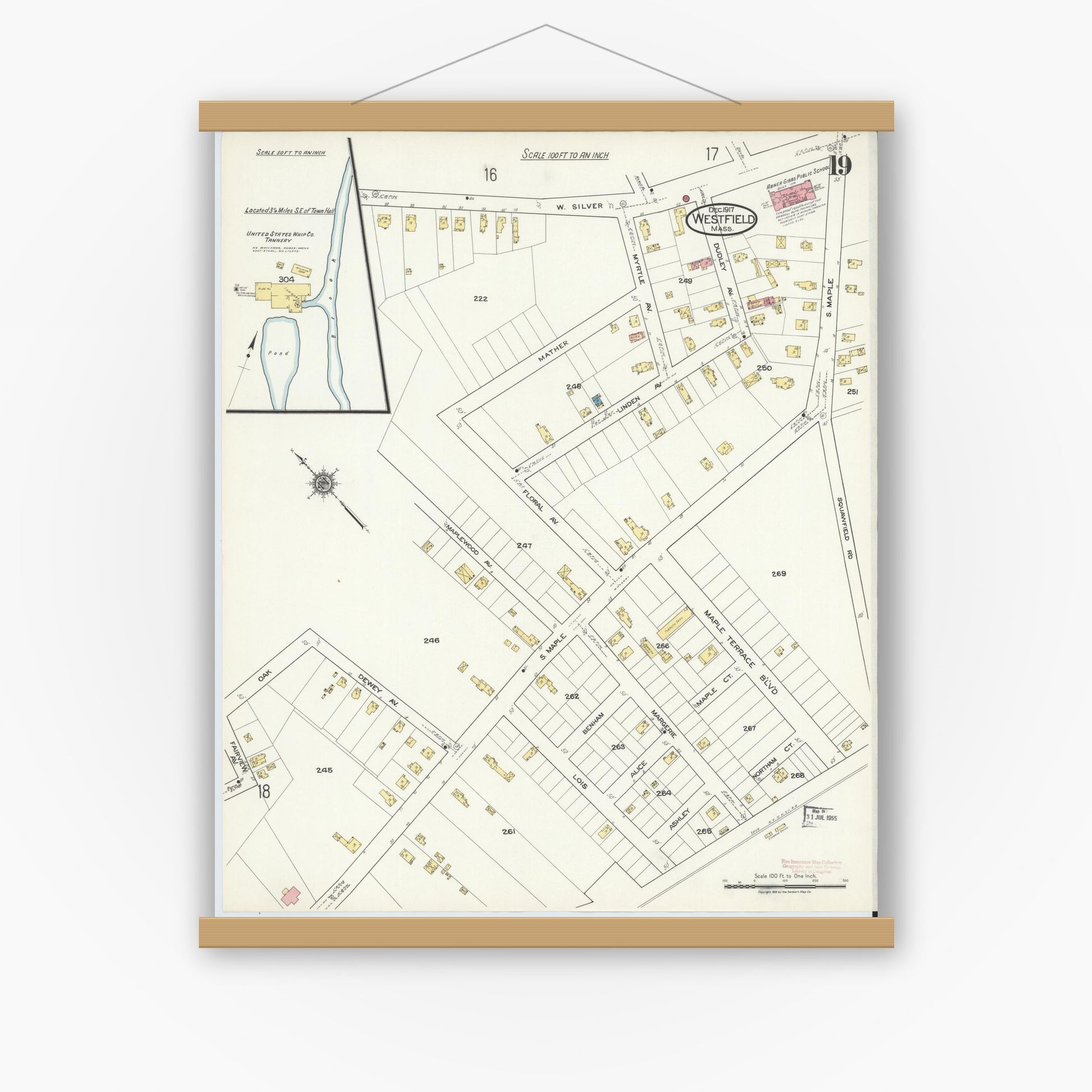 Old map wall art mockup — magnetic wood frame on white wall — Sanborn Fire Insurance Map from Westfield, Hampden County, Massachusetts (1917), Sheet #0019