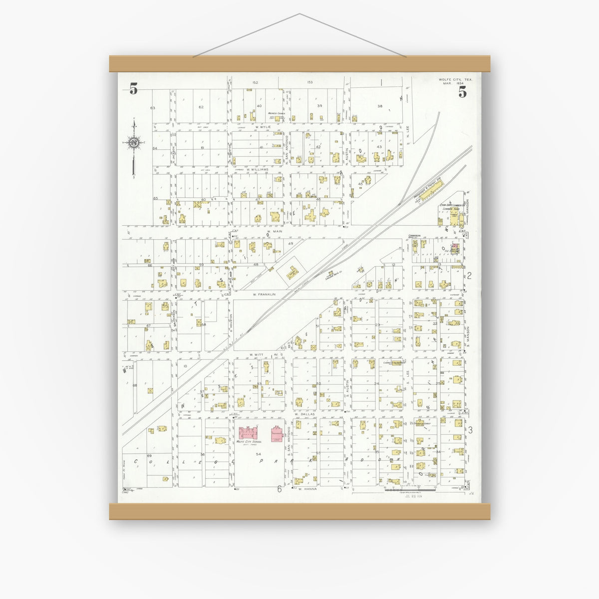 Old map wall art mockup — magnetic wood frame on white wall — Sanborn Fire Insurance Map from Wolfe City, Hunt County, Texas (1934), Sheet #0005