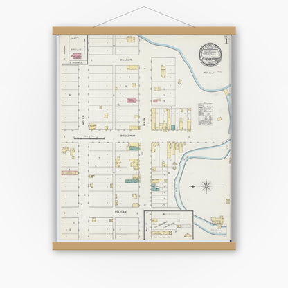 Old map wall art mockup — magnetic wood frame on white wall — Sanborn Fire Insurance Map from Pelican Rapids, Otter Tail County, Minnesota (1894), Sheet #0001