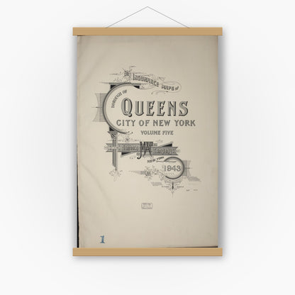 Old map wall art mockup — magnetic wood frame on white wall — Sanborn Fire Insurance Map from Queens, Queens County, New York (1943), Sheet #0001