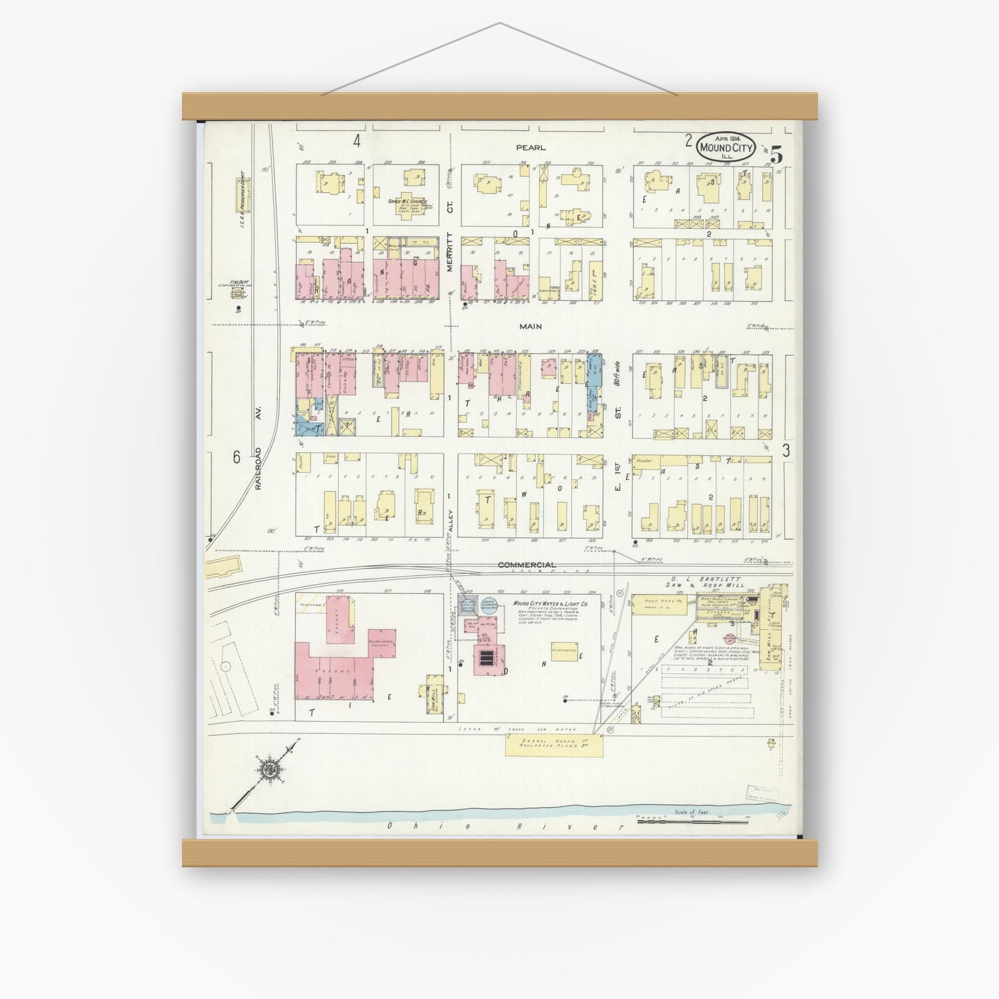 Old map wall art mockup — magnetic wood frame on white wall — Sanborn Fire Insurance Map from Mound City, Pulaski County, Illinois (1914), Sheet #0005