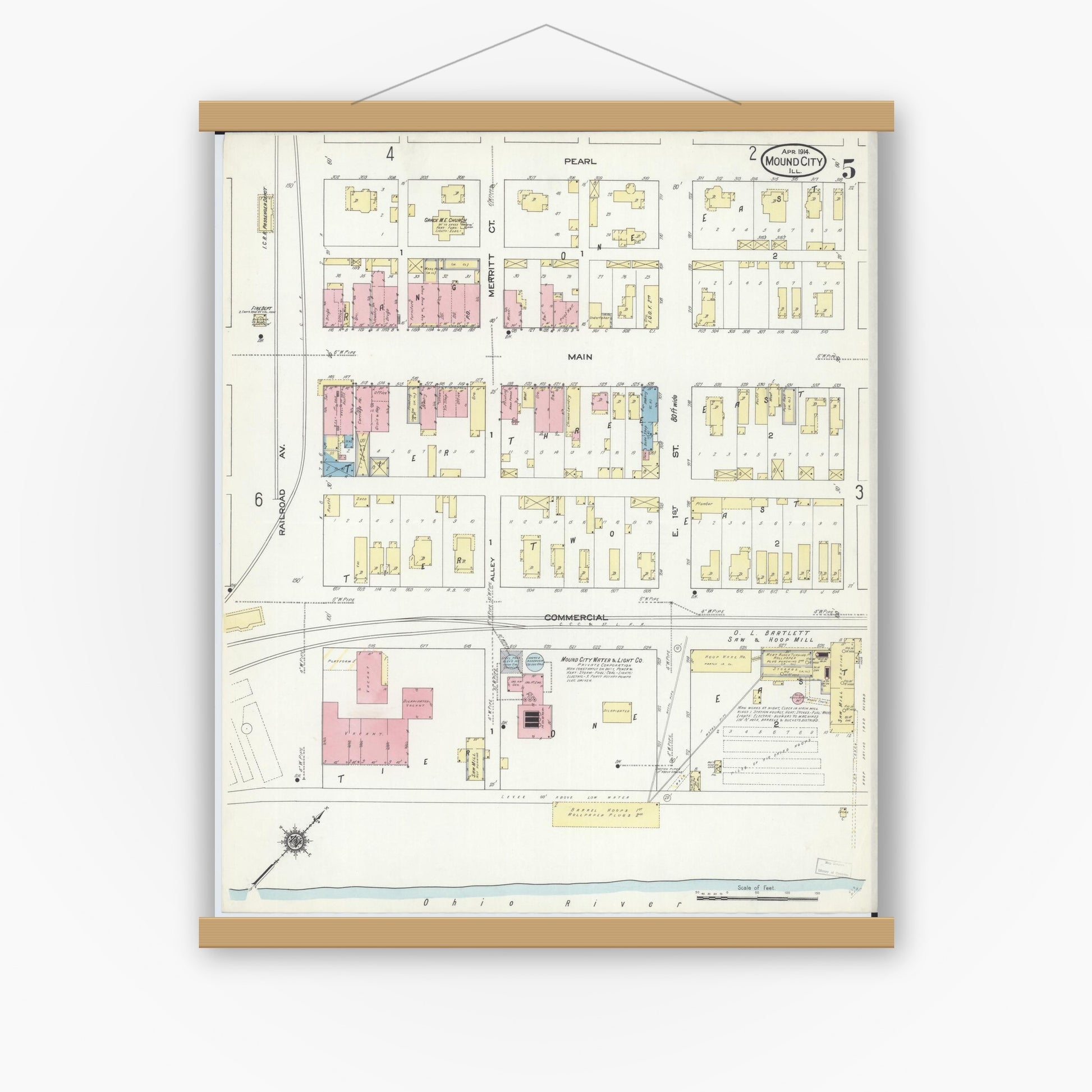 Old map wall art mockup — magnetic wood frame on white wall — Sanborn Fire Insurance Map from Mound City, Pulaski County, Illinois (1914), Sheet #0005