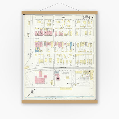 Old map wall art mockup — magnetic wood frame on white wall — Sanborn Fire Insurance Map from Mound City, Pulaski County, Illinois (1914), Sheet #0005