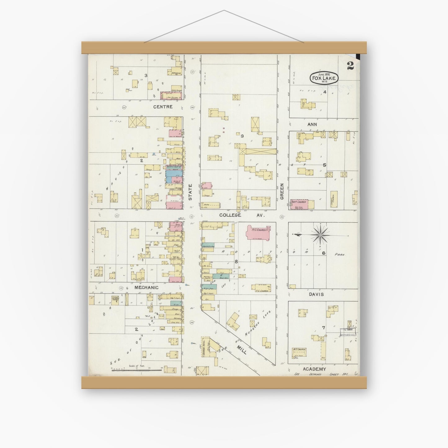 Old map wall art mockup — magnetic wood frame on white wall — Sanborn Fire Insurance Map from Fox Lake, Dodge County, Wisconsin (1892), Sheet #0002