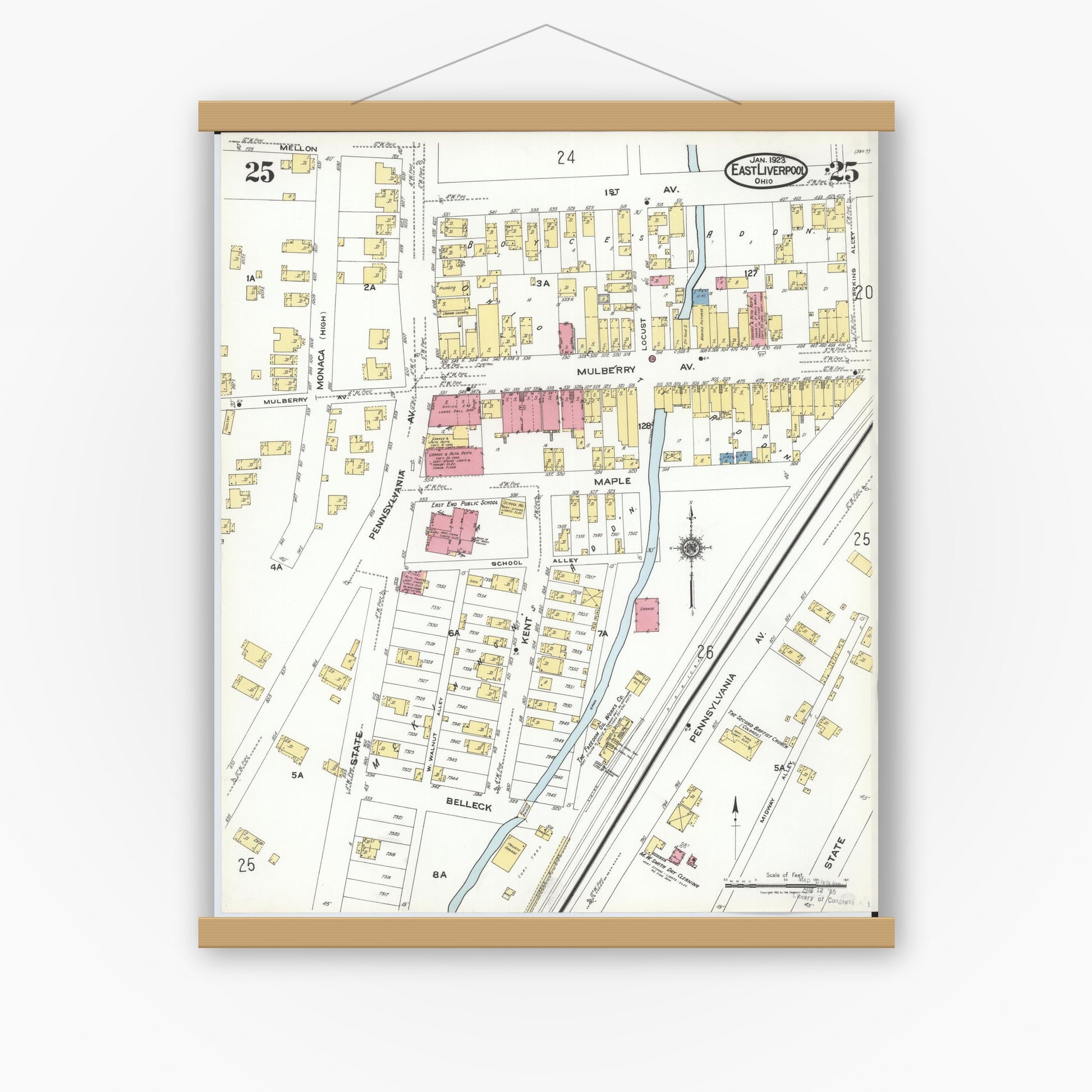 Old map wall art mockup — magnetic wood frame on white wall — Sanborn Fire Insurance Map from East Liverpool, Columbiana County, Ohio (1923), Sheet #0025