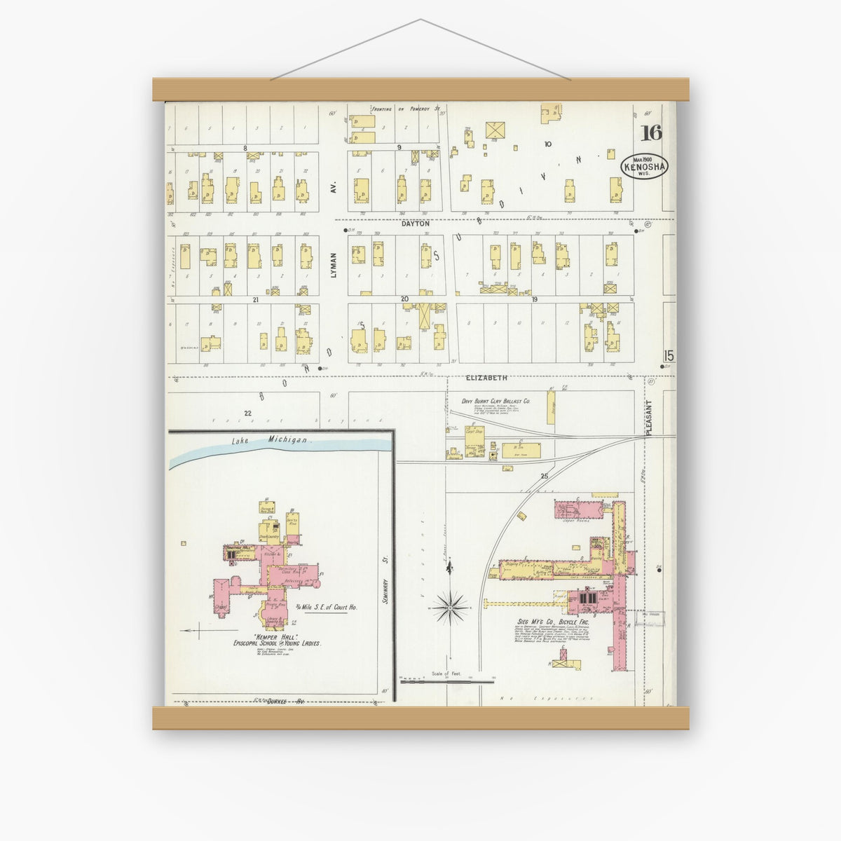 Old map wall art mockup — magnetic wood frame on white wall — Sanborn Fire Insurance Map from Kenosha, Kenosha County, Wisconsin (1900), Sheet #0016