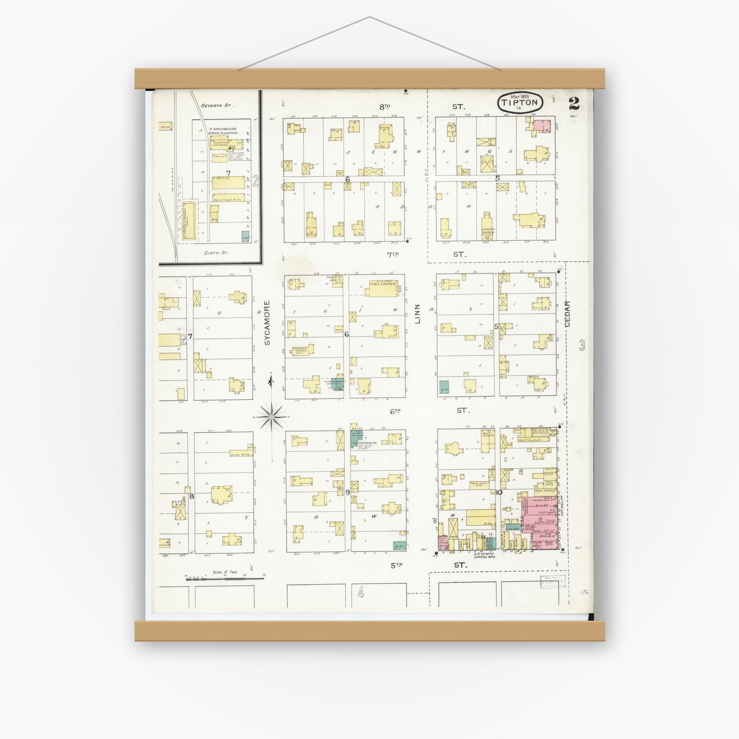 Old map wall art mockup — magnetic wood frame on white wall — Sanborn Fire Insurance Map from Tipton, Cedar County, Iowa (1893), Sheet #0002