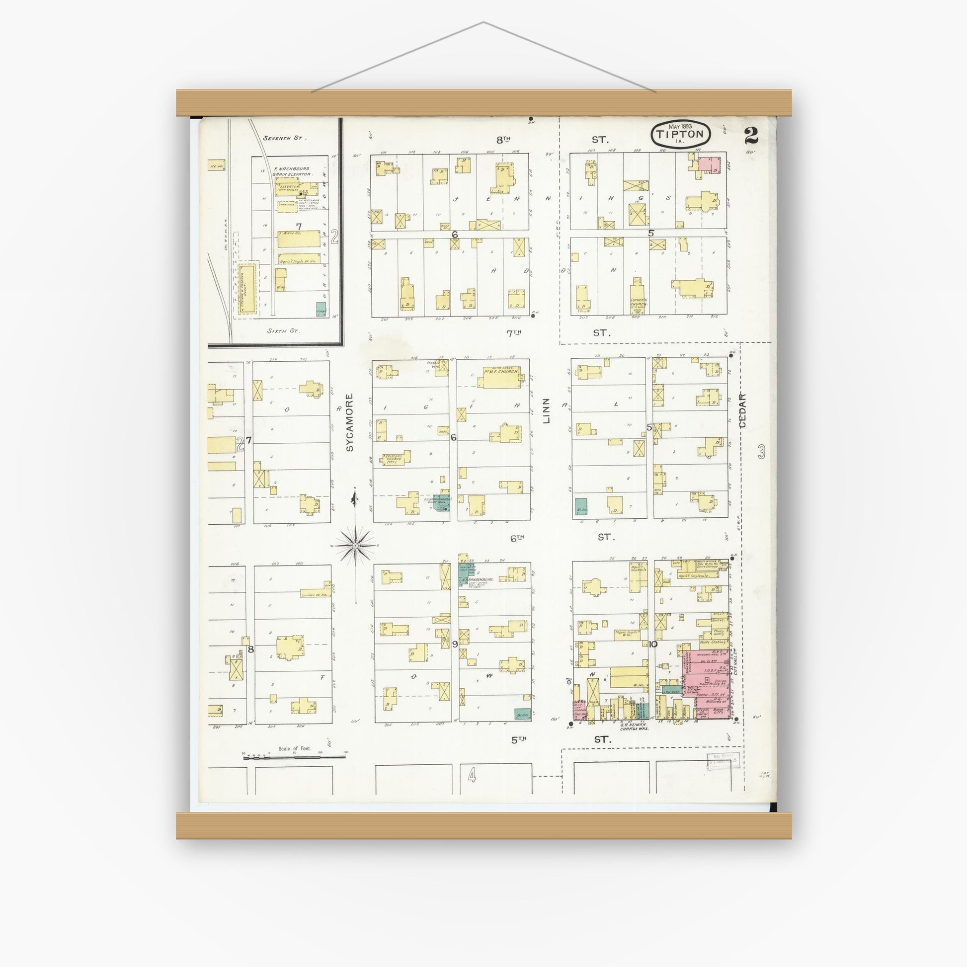 Old map wall art mockup — magnetic wood frame on white wall — Sanborn Fire Insurance Map from Tipton, Cedar County, Iowa (1893), Sheet #0002