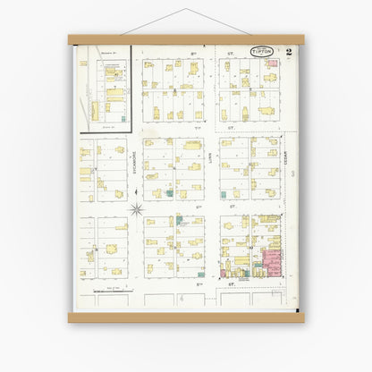 Old map wall art mockup — magnetic wood frame on white wall — Sanborn Fire Insurance Map from Tipton, Cedar County, Iowa (1893), Sheet #0002
