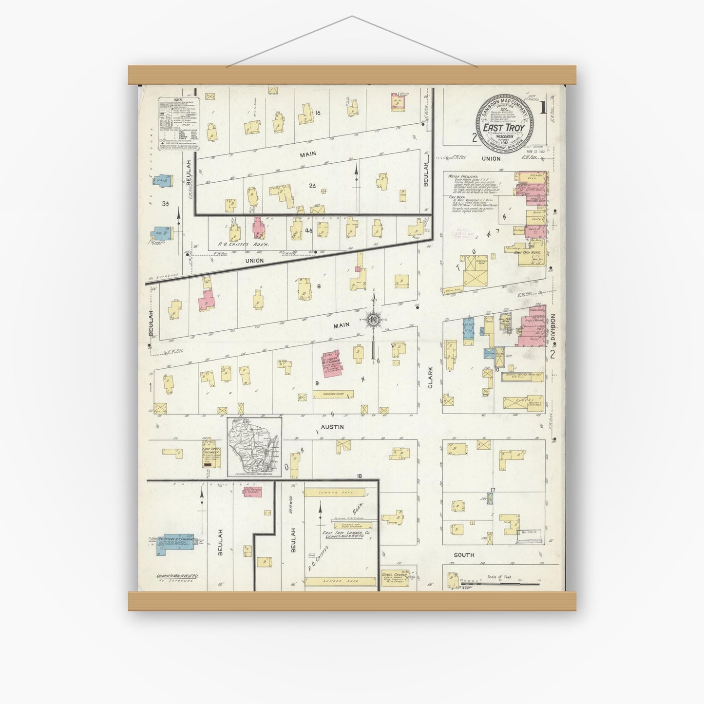 Old map wall art mockup — magnetic wood frame on white wall — Sanborn Fire Insurance Map from East Troy, Walworth County, Wisconsin (1912) - Complete Map Set