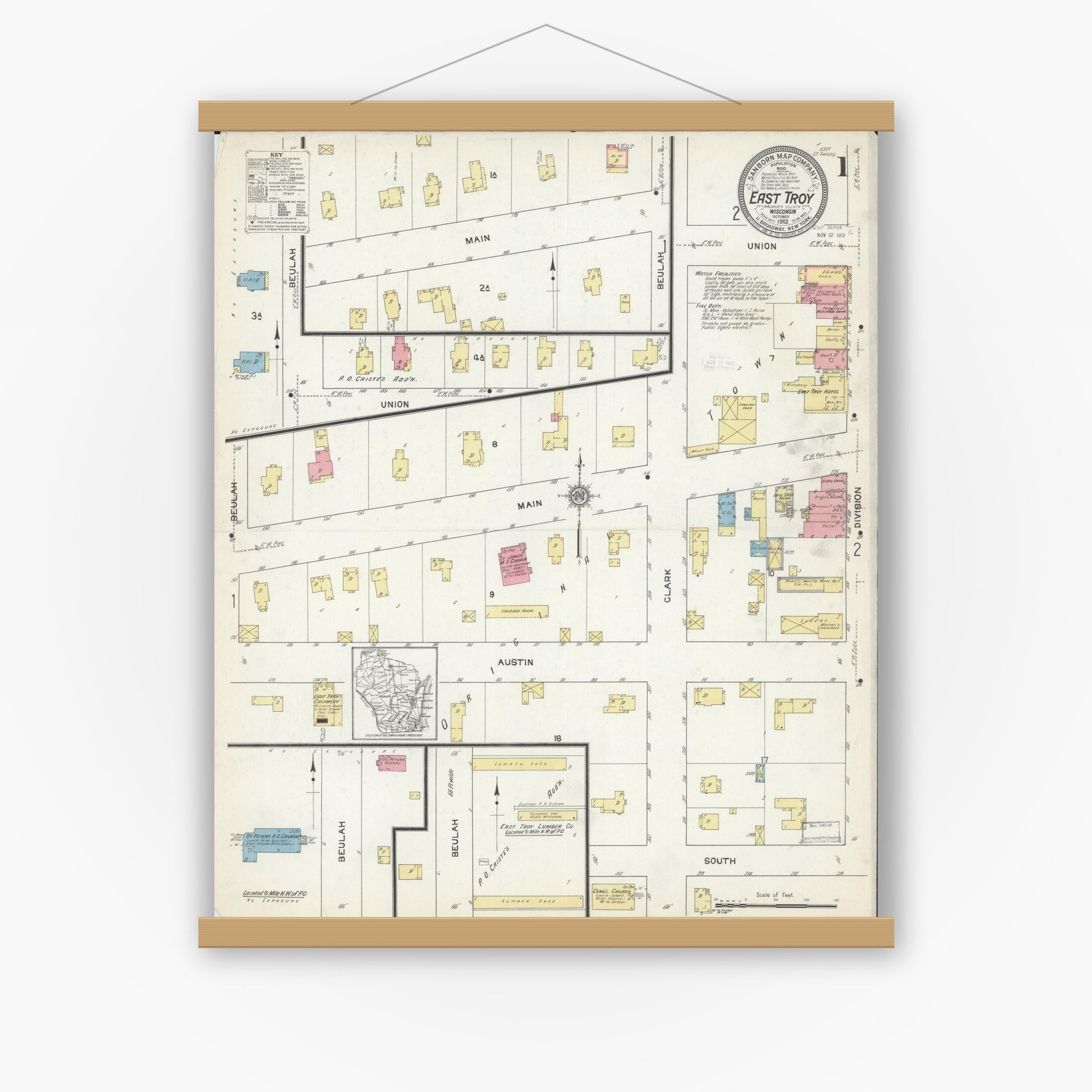 Old map wall art mockup — magnetic wood frame on white wall — Sanborn Fire Insurance Map from East Troy, Walworth County, Wisconsin (1912) - Complete Map Set