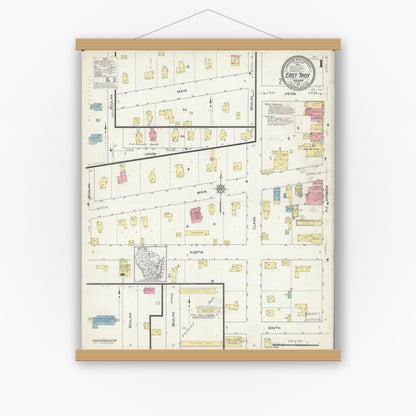 Old map wall art mockup — magnetic wood frame on white wall — Sanborn Fire Insurance Map from East Troy, Walworth County, Wisconsin (1912) - Complete Map Set
