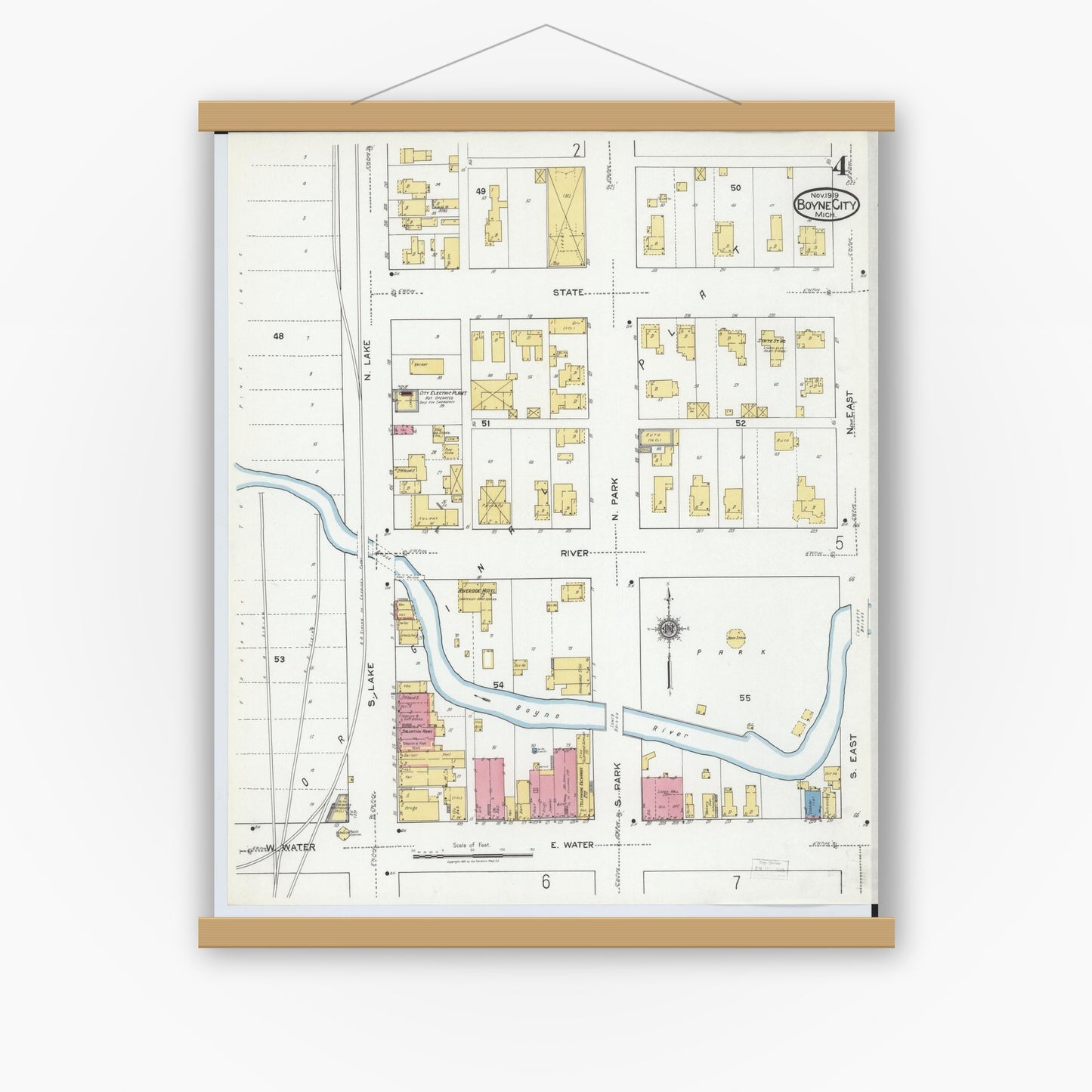 Old map wall art mockup — magnetic wood frame on white wall — Sanborn Fire Insurance Map from Boyne City, Charlevoix County, Michigan (1919), Sheet #0004