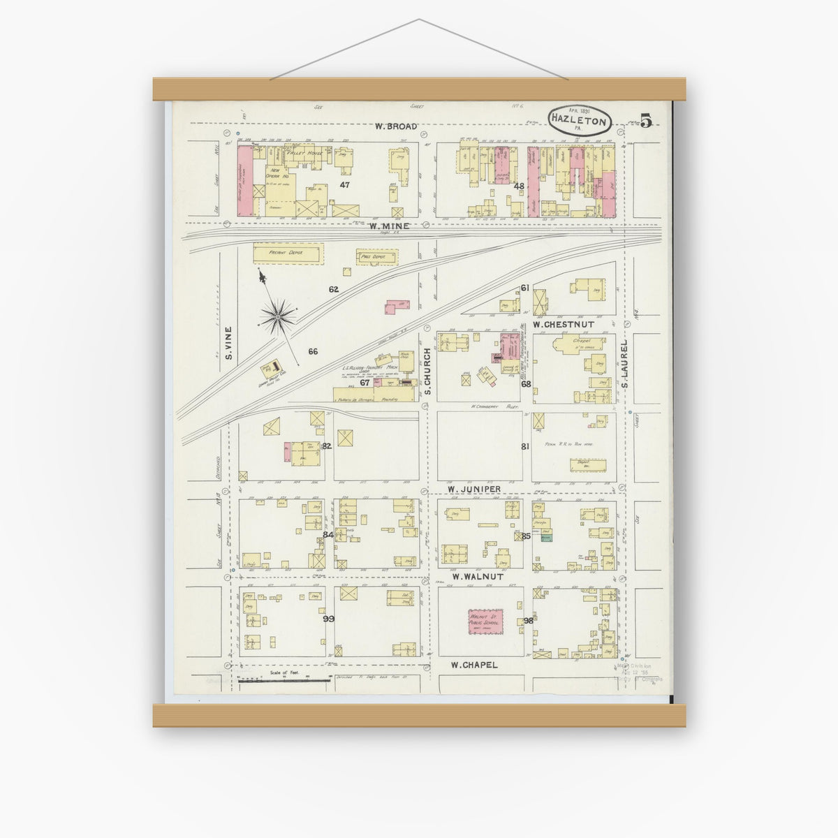 Old map wall art mockup — magnetic wood frame on white wall — Sanborn Fire Insurance Map from Hazleton, Luzerne County, Pennsylvania (1891), Sheet #0005