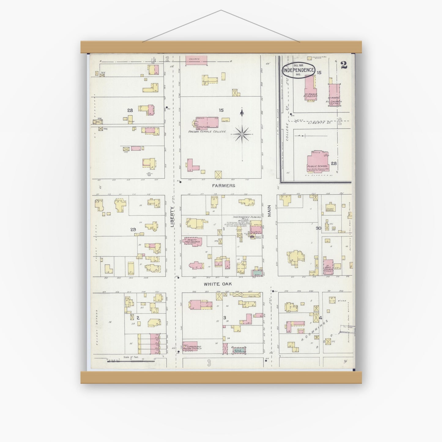 Old map wall art mockup — magnetic wood frame on white wall — Sanborn Fire Insurance Map from Independence, Jackson County, Missouri (1892), Sheet #0002