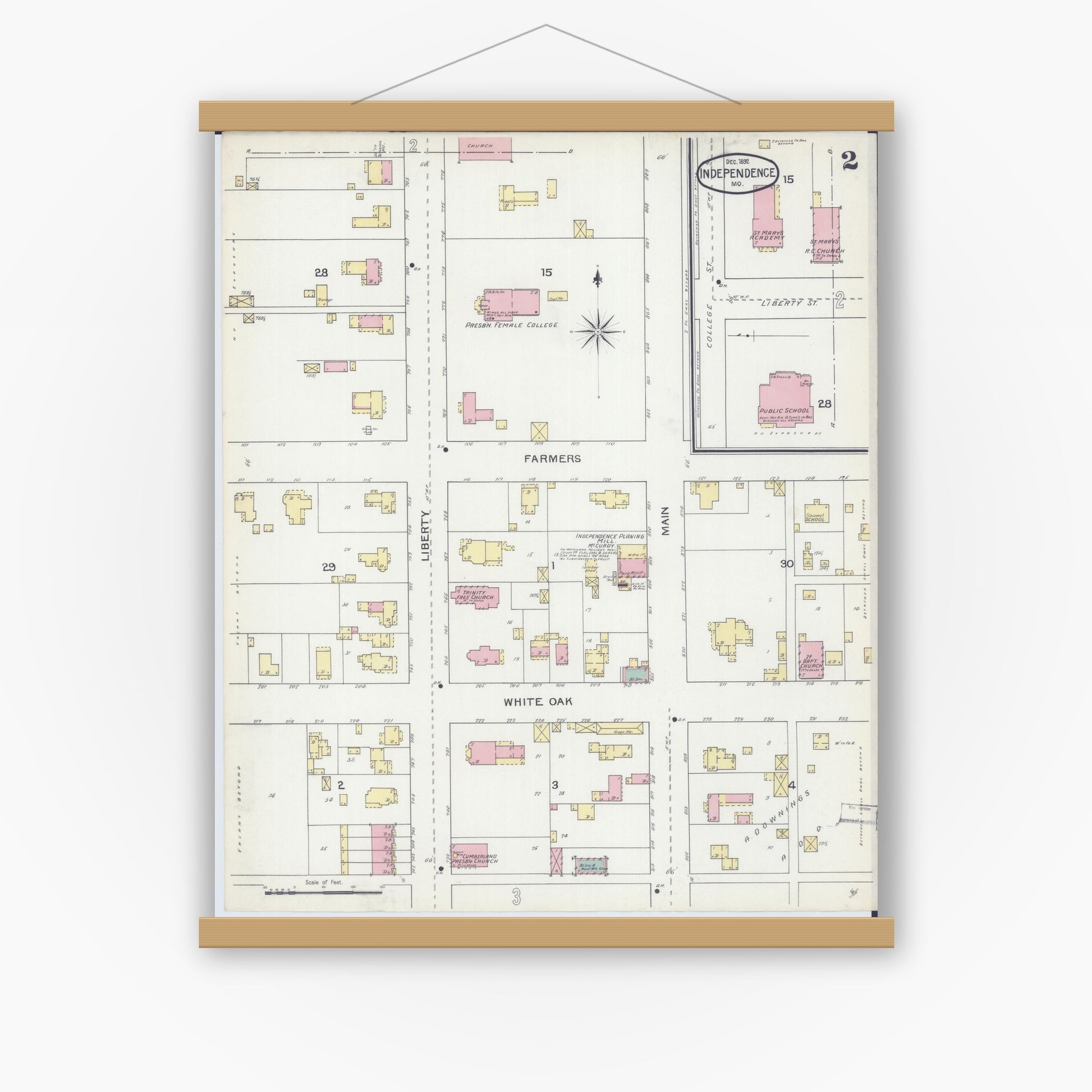 Old map wall art mockup — magnetic wood frame on white wall — Sanborn Fire Insurance Map from Independence, Jackson County, Missouri (1892), Sheet #0002