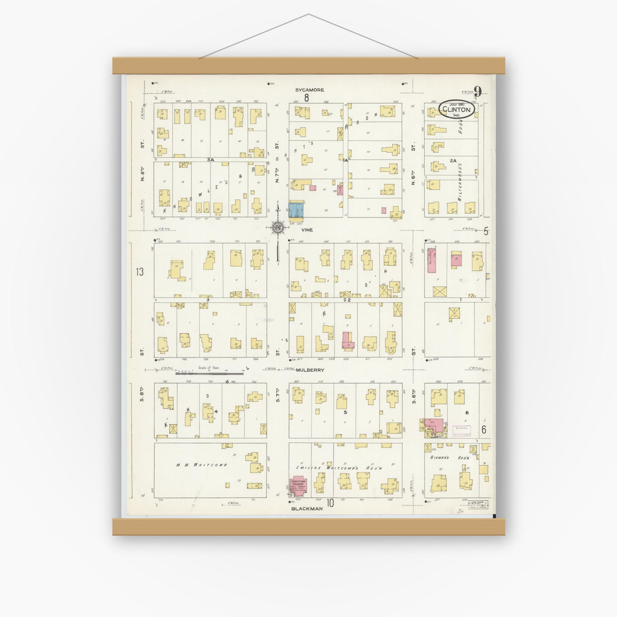 Old map wall art mockup — magnetic wood frame on white wall — Sanborn Fire Insurance Map from Clinton, Vermillion County, Indiana (1910), Sheet #0009