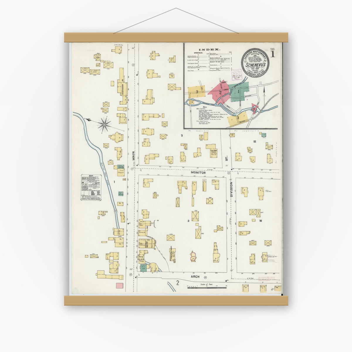 Old map wall art mockup — magnetic wood frame on white wall — Sanborn Fire Insurance Map from Schenevus, Otsego County, New York (1905), Sheet #0001