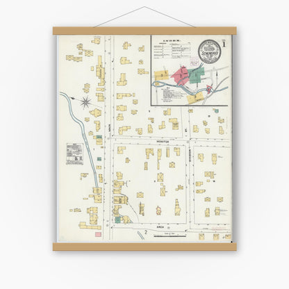 Old map wall art mockup — magnetic wood frame on white wall — Sanborn Fire Insurance Map from Schenevus, Otsego County, New York (1905), Sheet #0001