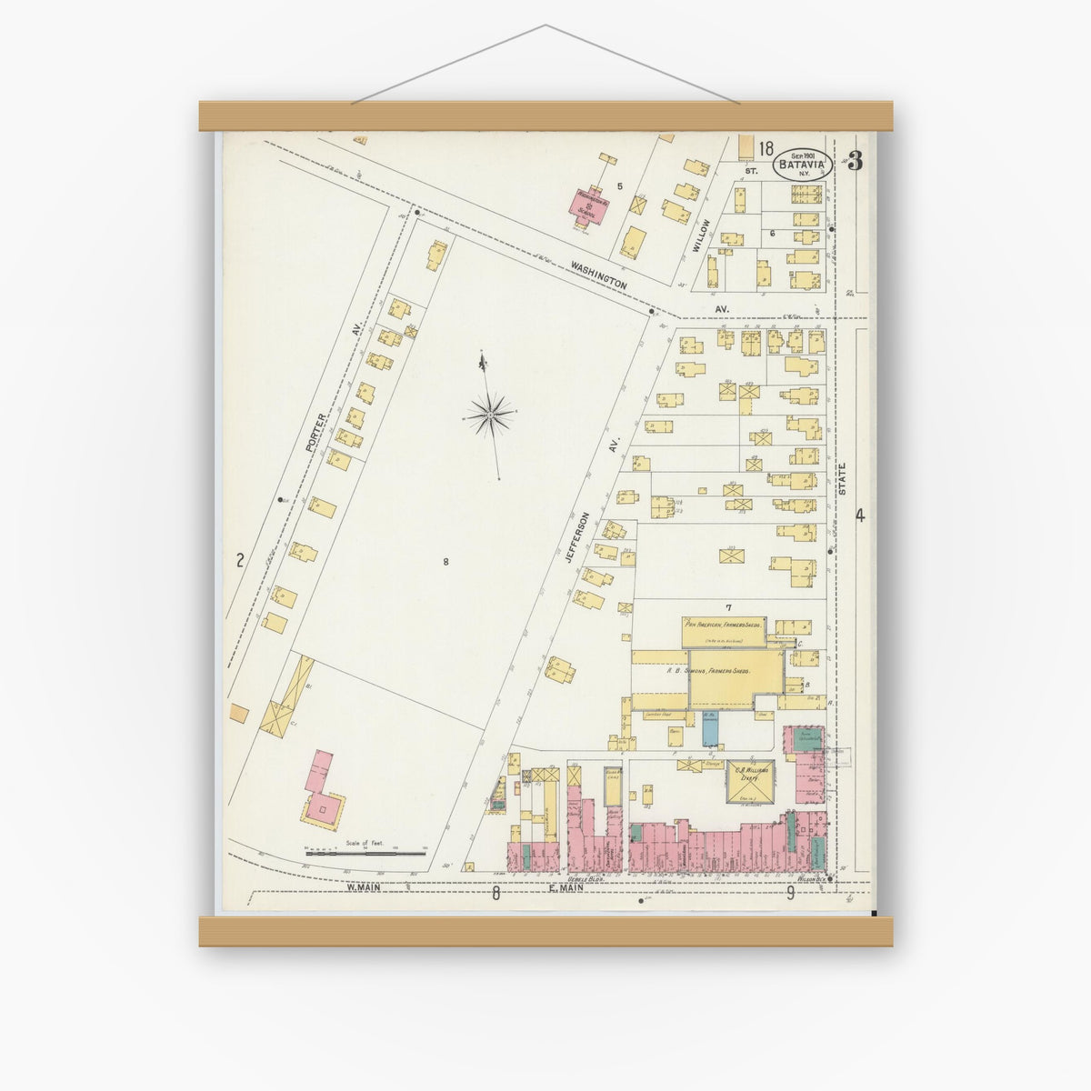 Old map wall art mockup — magnetic wood frame on white wall — Sanborn Fire Insurance Map from Batavia, Genesee County, New York (1901), Sheet #0003