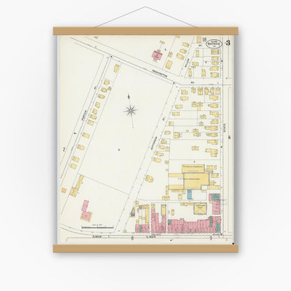Old map wall art mockup — magnetic wood frame on white wall — Sanborn Fire Insurance Map from Batavia, Genesee County, New York (1901), Sheet #0003