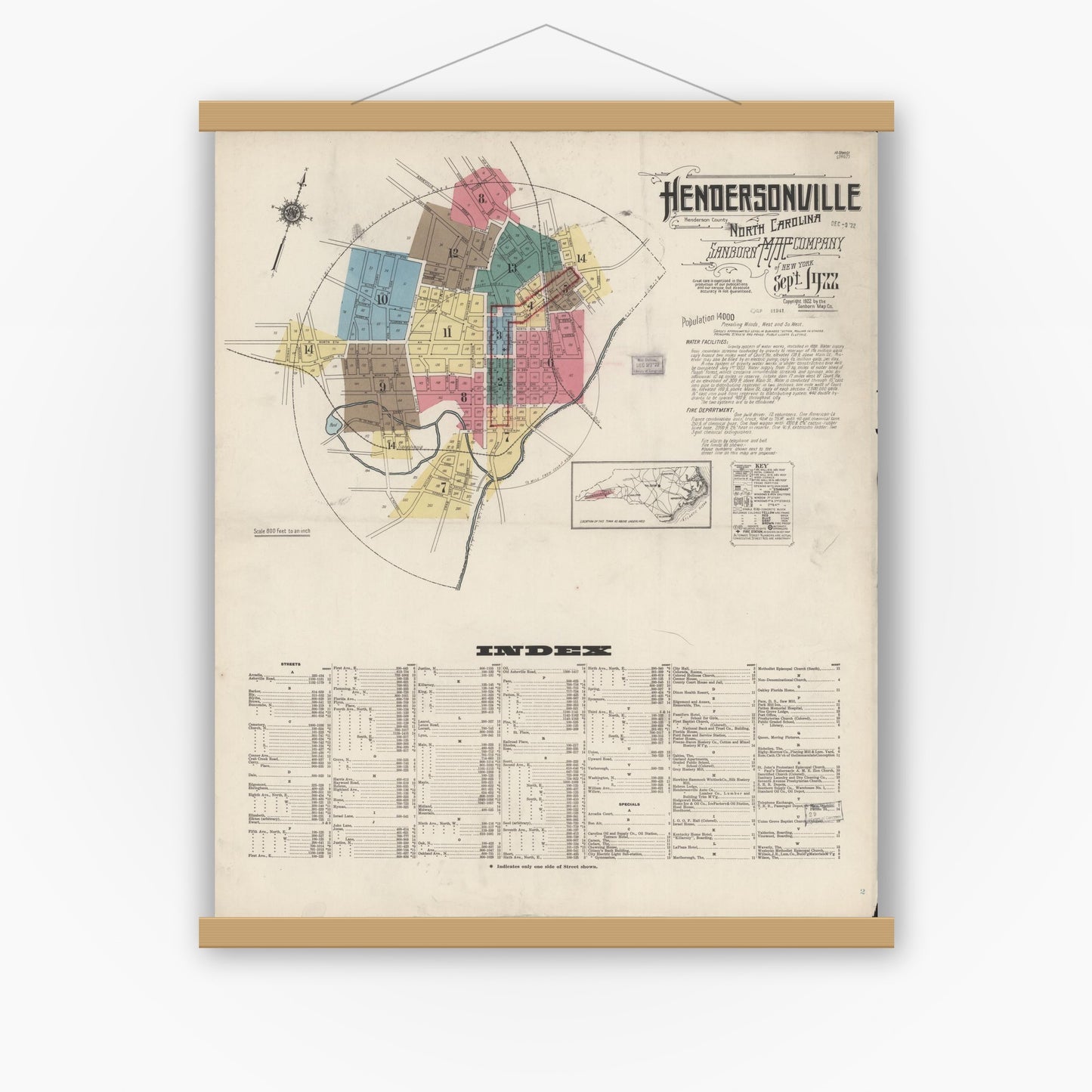 Old map wall art mockup — magnetic wood frame on white wall — Sanborn Fire Insurance Map from Hendersonville, Henderson County, North Carolina (1922), Sheet #0001
