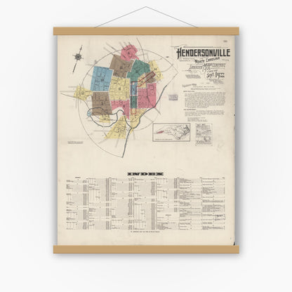 Old map wall art mockup — magnetic wood frame on white wall — Sanborn Fire Insurance Map from Hendersonville, Henderson County, North Carolina (1922), Sheet #0001
