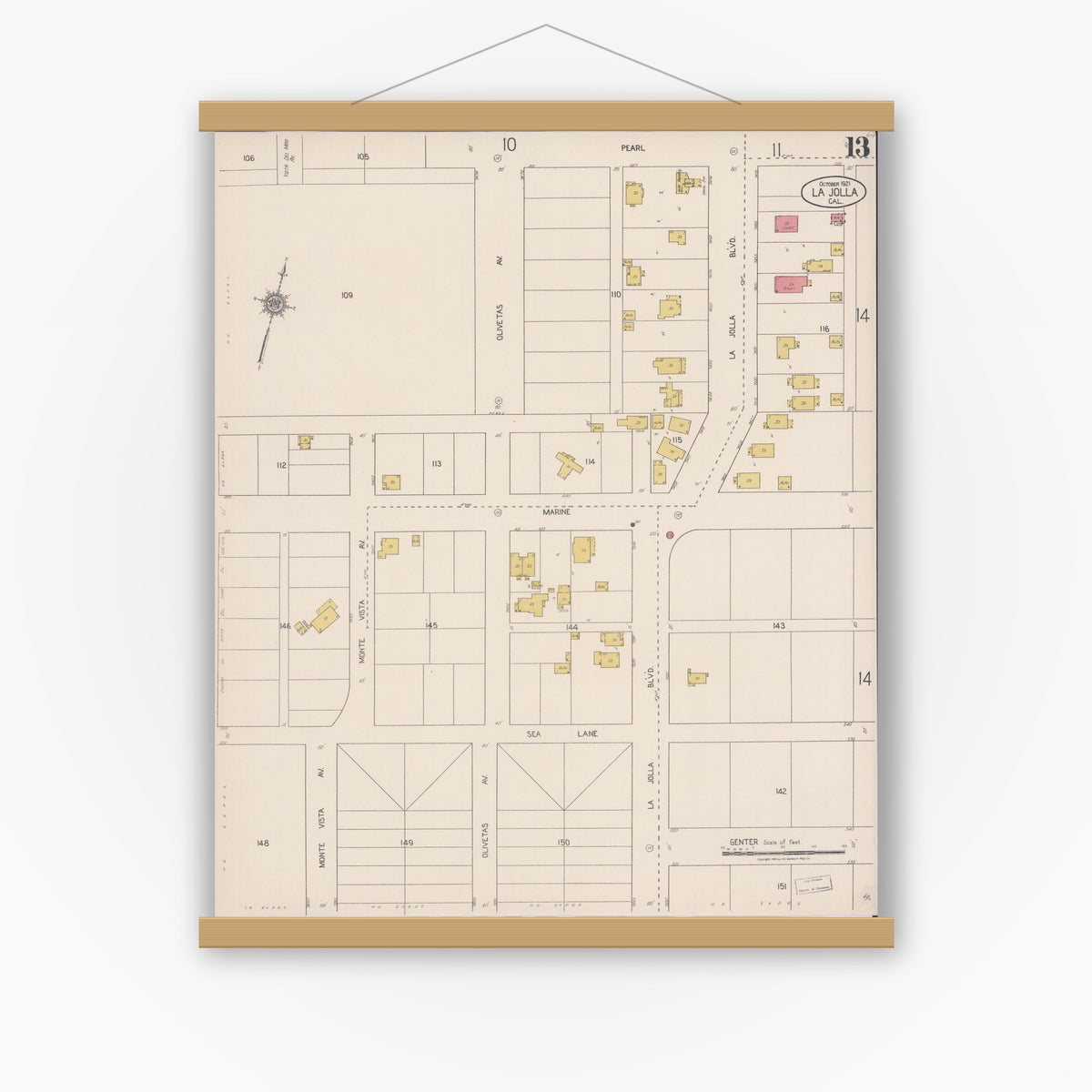 Old map wall art mockup — magnetic wood frame on white wall — Sanborn Fire Insurance Map from La Jolla, San Diego County, California (1921), Sheet #0013