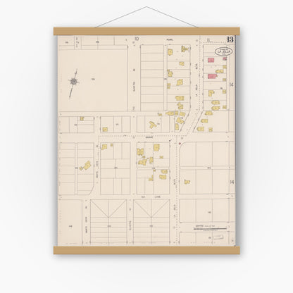 Old map wall art mockup — magnetic wood frame on white wall — Sanborn Fire Insurance Map from La Jolla, San Diego County, California (1921), Sheet #0013