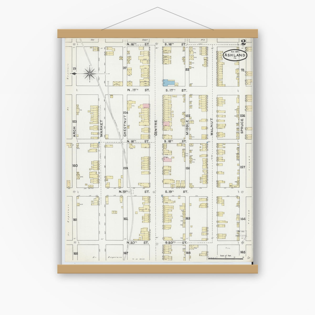 Old map wall art mockup — magnetic wood frame on white wall — Sanborn Fire Insurance Map from Ashland, Schuylkill County, Pennsylvania (1891), Sheet #0002