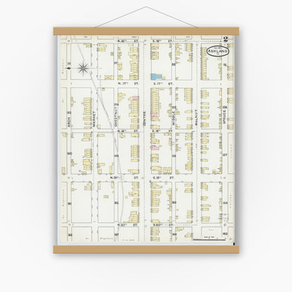 Old map wall art mockup — magnetic wood frame on white wall — Sanborn Fire Insurance Map from Ashland, Schuylkill County, Pennsylvania (1891), Sheet #0002