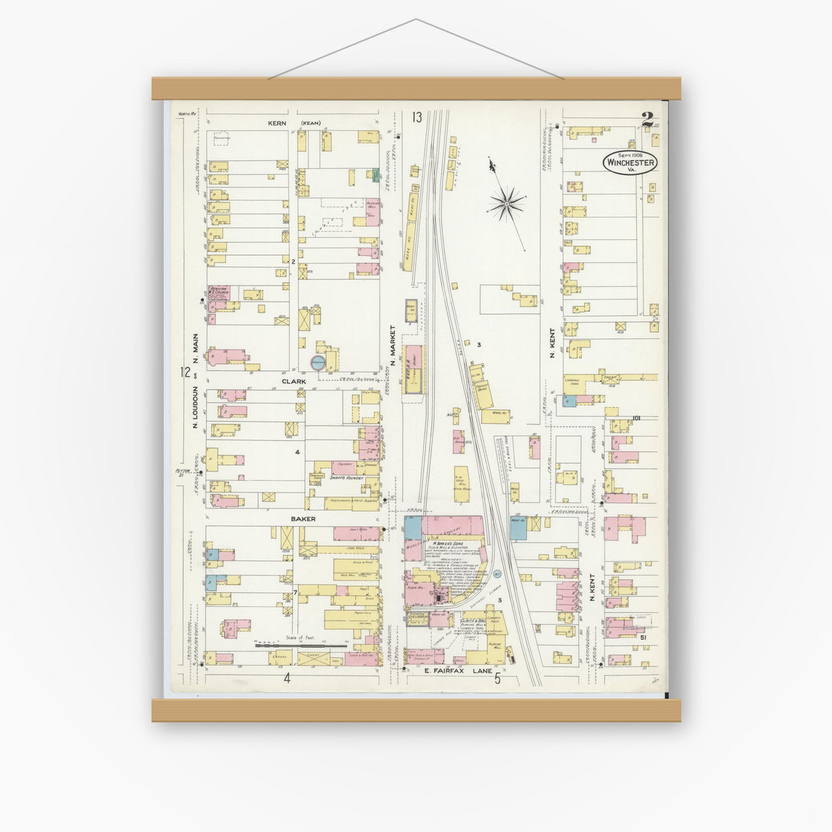 Old map wall art mockup — magnetic wood frame on white wall — Sanborn Fire Insurance Map from Winchester, Independent Cities, Virginia (1908), Sheet #0002